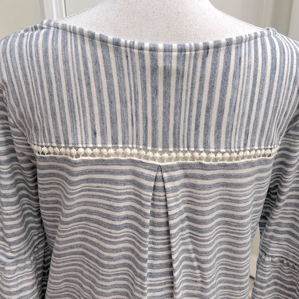 J Jill Womens Ruffle Sleeve Cotton Embroidered Striped Blouse Muted Blue M - Picture 4 of 11